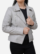 Load image into Gallery viewer, Women Classic Fitted Grey Leather Motorcycle Jacket
