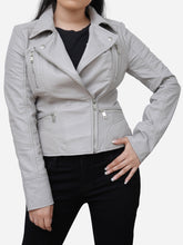 Load image into Gallery viewer, Classic Fitted Grey Womens Leather Motorcycle Jacket
