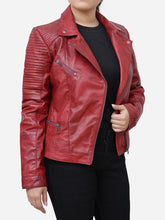 Load image into Gallery viewer, Women Quilted Red Leather Motorcycle Jacket
