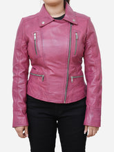 Load image into Gallery viewer, Ariella Real Sheepskin Pink Leather Biker Jacket
