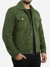 Load image into Gallery viewer, Men Slim Fit Green Suede Leather Trucker Jacket
