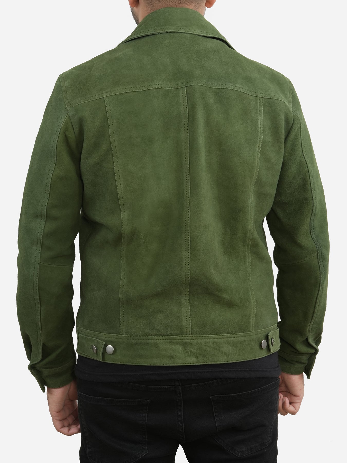Nicholas Suede Green Trucker Leather Jacket