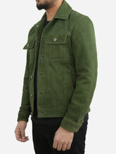 Load image into Gallery viewer, Men Green Suede Leather Trucker Jacket
