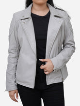 Load image into Gallery viewer, Classic Grey Biker Quilted Leather Jacket For Women
