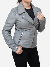 Load image into Gallery viewer, Elizabeth Classic Grey Leather Moto Jacket
