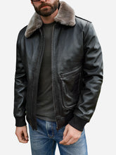 Load image into Gallery viewer, Black Bomber Leather Shearling Flight Jacket For Men 
