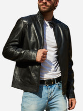 Load image into Gallery viewer, Men black real leather biker jacket
