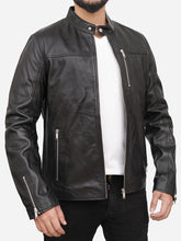 Load image into Gallery viewer, Cafe Racer Black Snap Tab Collar Leather Jacket For Men
