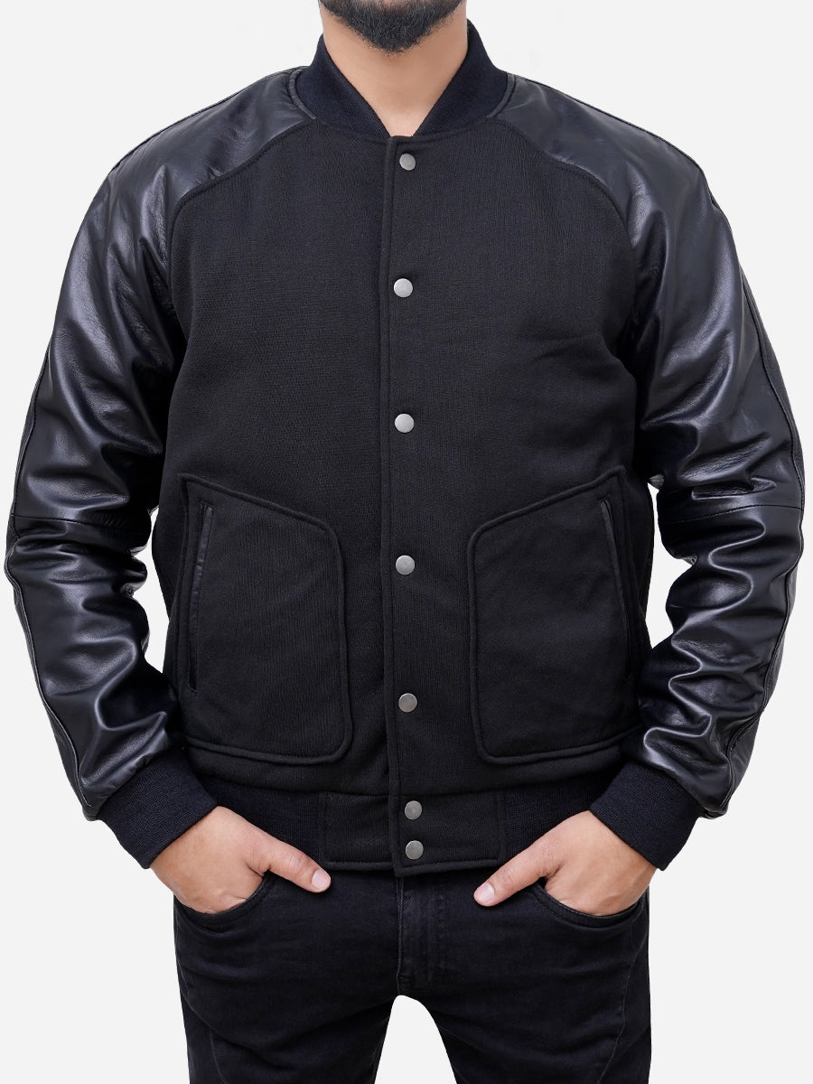 Men's Varsity store Black jacket with Real sheepskin Leather Sleeves