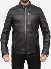 Load image into Gallery viewer, Men Cafe Racer Black Snap Tab Leather Jacket
