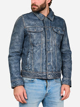 Load image into Gallery viewer, Men Trucker Blue Leather Jacket
