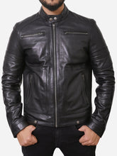 Load image into Gallery viewer, Zipper Pockets Style Men Black Motorcycle Leather Jacket
