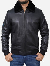 Load image into Gallery viewer, Flight Bomber Shearling Black Leather Jacket For Men
