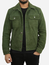 Load image into Gallery viewer, Men Slim Fit Suede Leather Green Trucker Jacket
