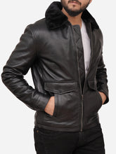 Load image into Gallery viewer, Shearling Collar Style Black Leather Jacket For Men
