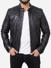 Load image into Gallery viewer, Classic Zipper Pockets Style Men Black Motorcycle Leather Jacket
