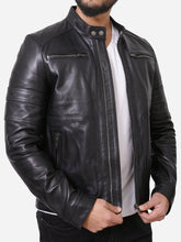 Load image into Gallery viewer, Classic Zipper Pockets Style Black Motorcycle Leather Jacket For Men
