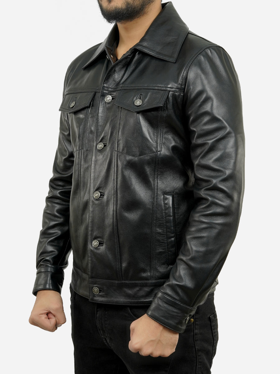 Leather moto trucker jacket hotsell