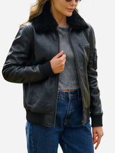 Load image into Gallery viewer, women Black Sheepskin Leather Bomber Jacket
