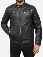 Load image into Gallery viewer, Quilted Men Black Motorcycle Leather Jacket
