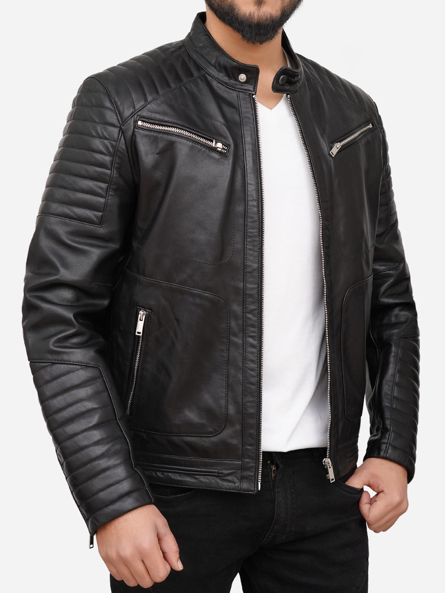 Men Black Quilted Motorcycle Leather Jacket