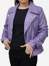 Load image into Gallery viewer, Aurora Slim Fit Purple Real Leather Moto Jacket
