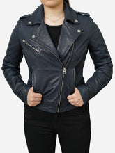 Load image into Gallery viewer, Women Slim Fit Real Sheepskin Blue Leather Biker Jacket 
