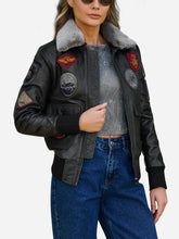 Load image into Gallery viewer, Women Black Leather Bomber Jacket with Shearling Collar
