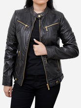 Load image into Gallery viewer, Women Black Sheepskin Classic Moto Leather Jacket
