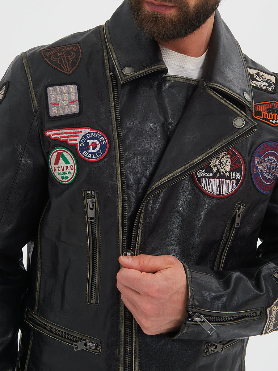 Men Motorcycle Black Leather Jacket With Patches