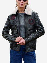 Load image into Gallery viewer, Women Black Bomber Leather Jacket with Patches
