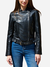 Load image into Gallery viewer, Amelia Black Sheepskin Biker Leather Jacket

