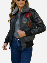 Load image into Gallery viewer, Women Genuine Black A2 Leather Bomber Jacket

