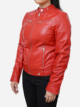 Load image into Gallery viewer, Women Cafe Racer Red Vintage Leather Motorcycle Jacket
