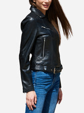 Load image into Gallery viewer, Amelia Sheepskin Black Biker Leather Jacket
