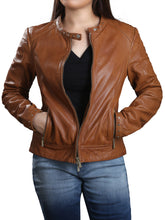 Load image into Gallery viewer, Women Tan Brown Perforated Leather Jacket
