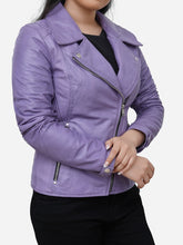 Load image into Gallery viewer, Women Purple Real Leather Moto Jacket
