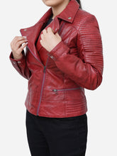 Load image into Gallery viewer, Quilted Biker Wine Red Vintage Leather Jacket For Women
