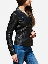Load image into Gallery viewer, Women Black Leather Motorcycle Jacket
