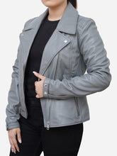 Load image into Gallery viewer, Women Stylish Motorcycle Sheepskin Grey Leather Jacket
