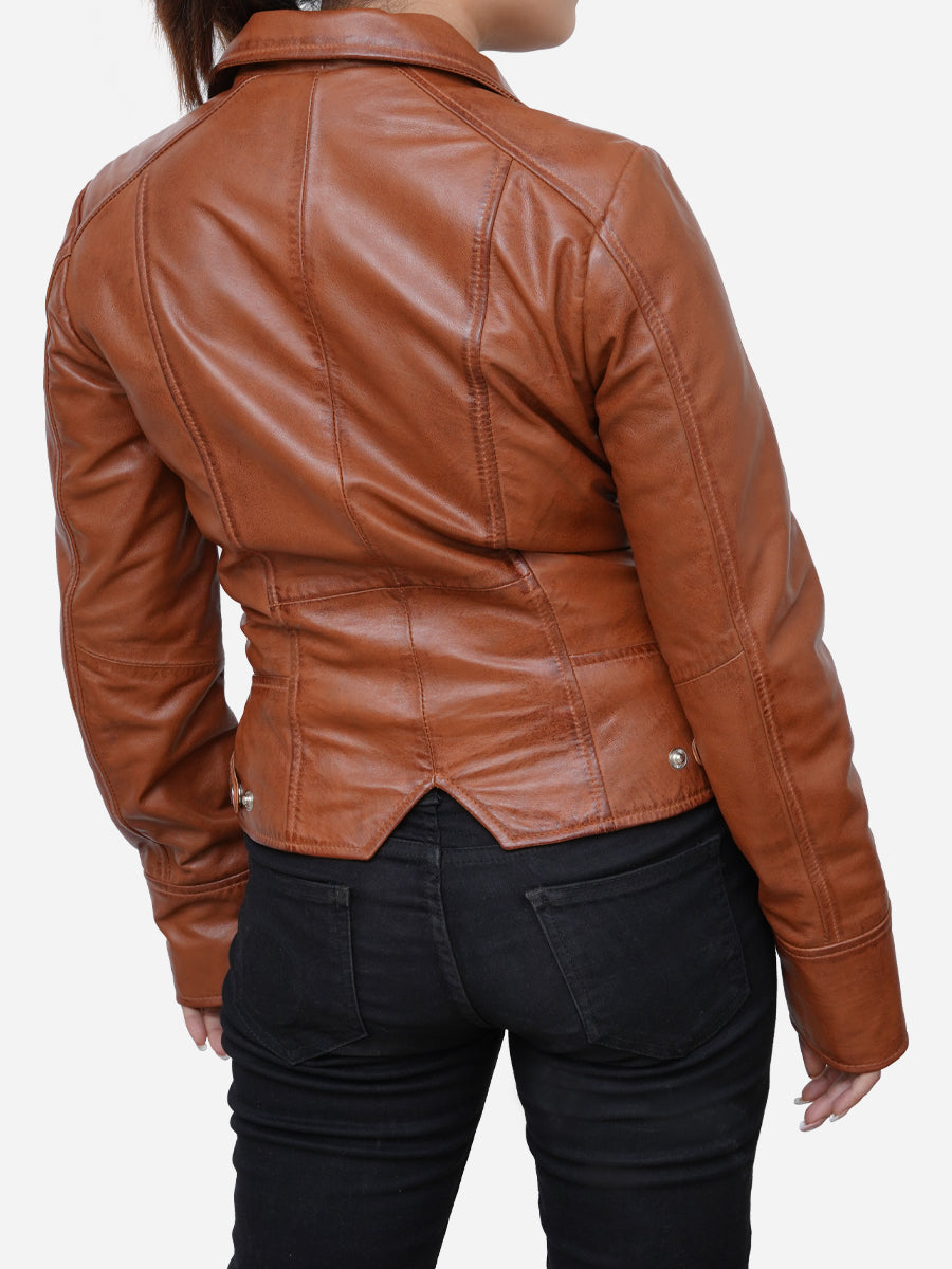 Heart Moon Star Women's Brown Leather Classic Moto Safari Jacket Large