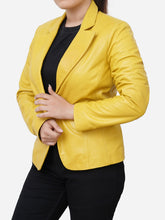 Load image into Gallery viewer, Women Real Leather Lemon Yellow Blazer
