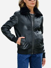 Load image into Gallery viewer, Black Shearling Leather Bomber Jakcet
