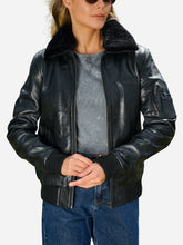 Load image into Gallery viewer, Black Leather Bomber Jacket Womens
