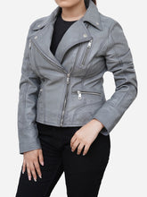 Load image into Gallery viewer, Classic Grey Leather Biker Jacket For Women
