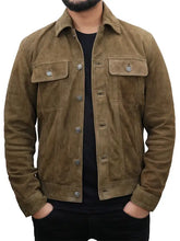 Load image into Gallery viewer, olivegreensuedetruckerjacket
