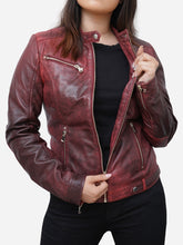 Load image into Gallery viewer, Camila Fitted Style Distressed Maroon Leather Biker Jacket
