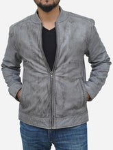 Load image into Gallery viewer, Distressed Grey Leather Bomber Jacket for Men