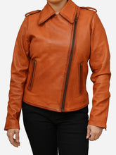 Load image into Gallery viewer, Classic Tan Brown Leather Biker Jacket for Women