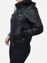Load image into Gallery viewer, Black Leather Bomber Fitted With Removable Hood - Women